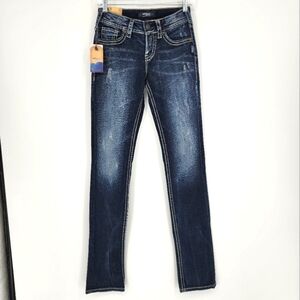 Silver NWT Suki Mid Straight Jeans Indigo Distressed Women's 25Wx34L